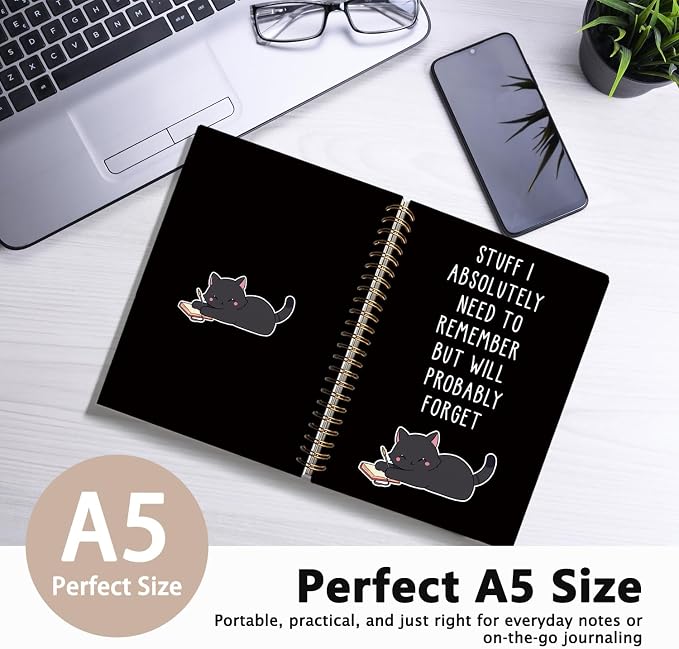 LIANGW Funny Black Cat Spiral Notebook Journal | Black Cat Lovers Gifts Journal for Writing,Pet Cats Mom Lady Owner Gifts,Cats School Office Stuff Supplies,5.5x8.3 Inch
