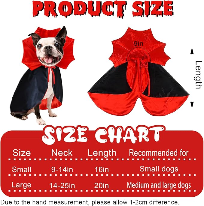 GOYOSWA Dog Halloween Costumes, Dog Vampire Cloak Costume Devil Vampire Cloak Cape Halloween Costumes for Small Medium Large Dogs Pets (Small)