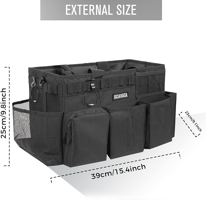 SCAVATA Wearable Cleaning Caddy Bag, Supplies Organizer with Handle & Shoulder Straps for Housekeepers, Under Sink & Car Cleaning Tool Organizer with 4 Foldable Dividers (Black)