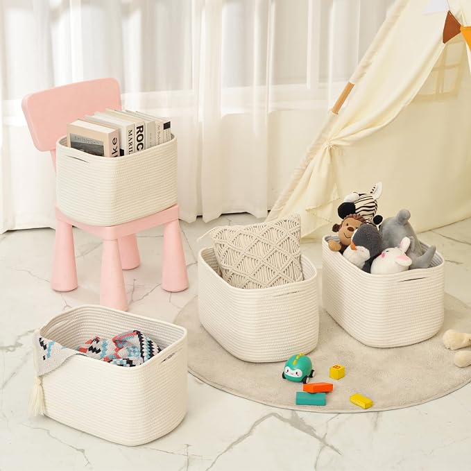 ICERZCZ Storage Baskets for Organizing & Shelves, Woven Cotton Rope Organization Bins for Dog Toys, Clothes, Books, Nursery Organizer, 15"Lx11''Wx9.5''H, (4 Packs) Off White