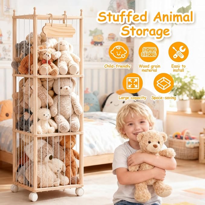 TANONE Stuffed Animal Storage with Wheels - Large Stuffy Storage for Kids | Wooden Stuffed Animal Organizer with Separate Sections for Large and Small Plush - Zoo Hodler Tower for Playroom and Nursery