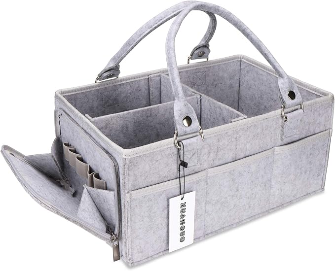 XUANGUO Large Baby Diaper Caddy Organizer, Felt Basket with Handles, Grey | Nursery storage bin with dividers; portable tote bag for baby stuff, changing table or car, baby shower and registry gifts.