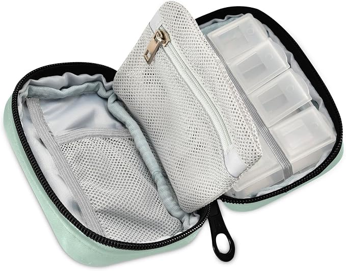 Naanle Pill Box 7 Day Pill Case Travel Pill Organizer Bag with Zipper Portable Weekly Case Compact Size for Vitamin Supplement Holder, Solid Color Light Green, 4.6 x 3.14 x 1.88 Inch, 0.12 kilograms