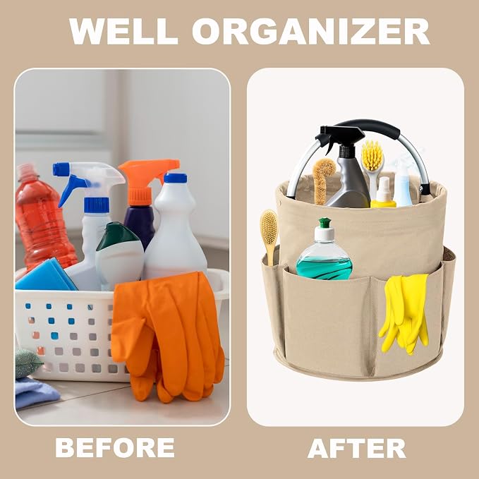 Cleaning Caddy with Handle, 17L Foldable Cleaning Supplies Organizer, Portable Storage Basket, Cleaning Supply Caddy, Multifunctional Cleaning Bucket Bag for Garden, Home, Kitchen (Khaki)