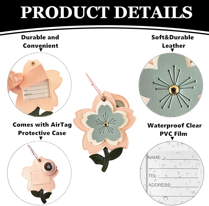 PU Leather Luggage Tag with Airtag Holder Case Set and Name ID Label | Hidden Compartment for AirTag Travel Suitcase Tracking Case with Stainless Steel Loop,Cute Fruit Plant Animals Styles,sakura