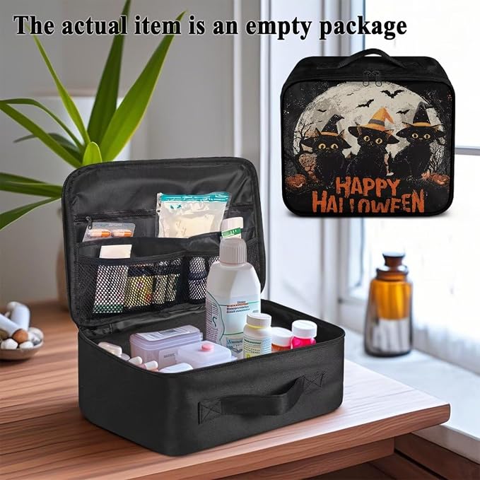 First Aid Case Empty Halloween Black Cat Moon Veterinary Medic Bag for Animal Clinics and Pet Owners Includes Secure Zipper Compartments