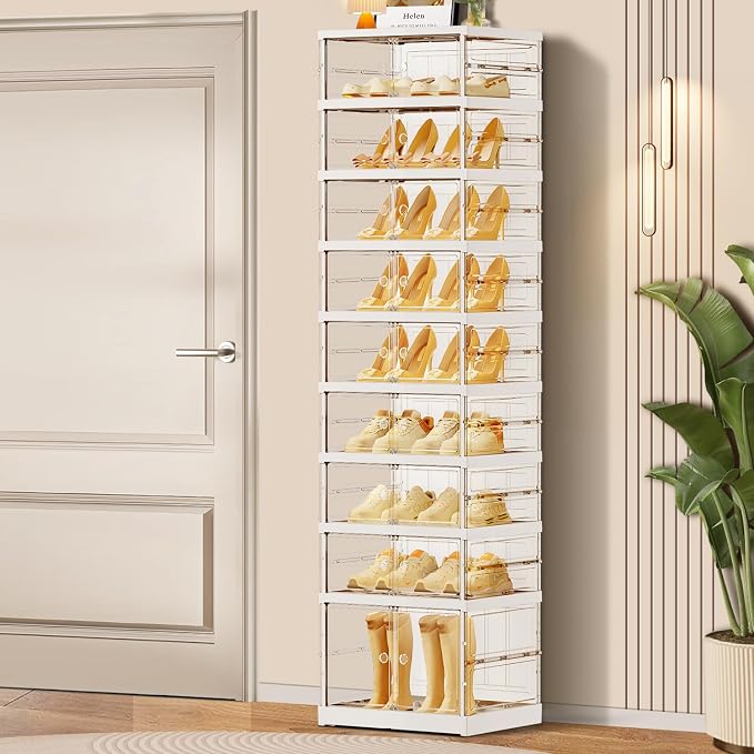 CIMLORD 9-Tier Foldable Shoe Rack, Magnetic Clear Doors, 18 Pairs, White | Collapsible Narrow Plastic Shoe Cabinet, Stackable, Lidded, Tool-Free Assembly, Fits Boots & Sneakers, Closet & Entryway