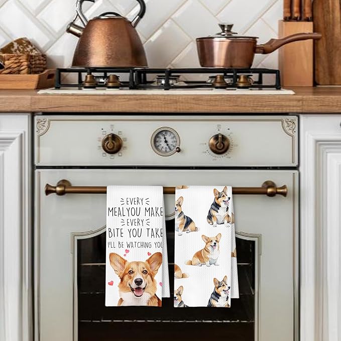 Corgi Dog Kitchen Towels Set of 2, Corgi Gifts for Lovers Women Men Dish Tea Towels for Kitchen Decor, Dog Mom Lovers Owners Gifts Hand Towels, 16x24 Inches