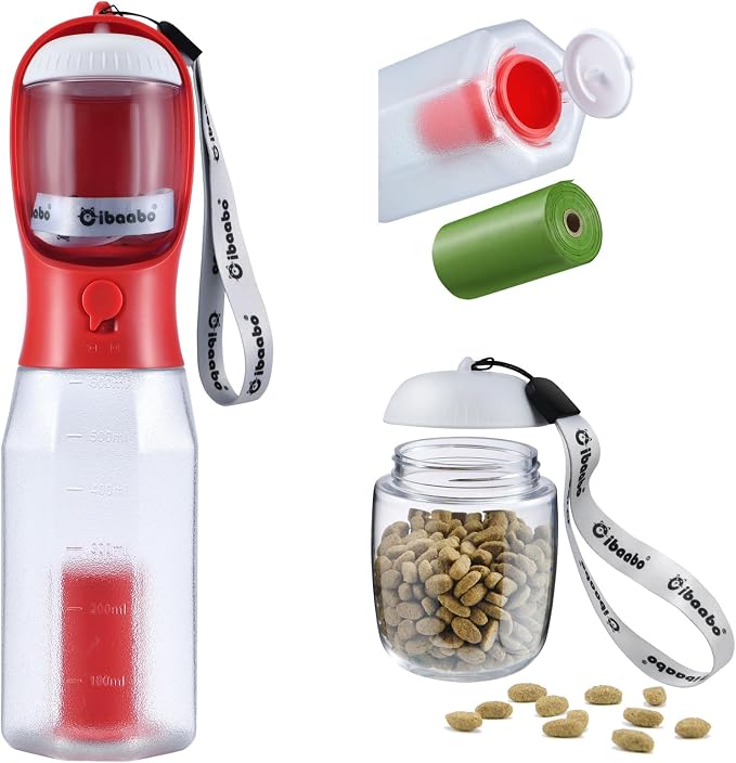 Cibaabo Dog Water Bottle with Food Container & Poop Bag Holder & Filter | Feeding & Hydration & Waste All in One | Travel Puppy Water Bowl | Portable Pet Dispenser | Dog Gifts | for Walking Beach