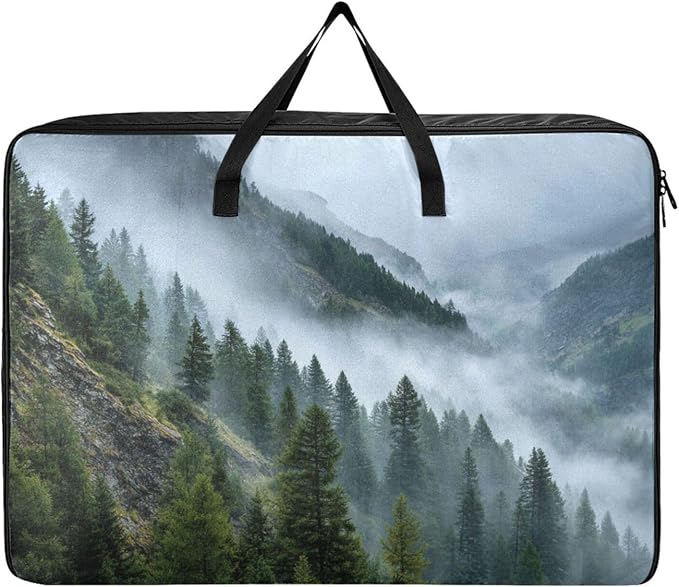 Comforter Storage Bags Large Folding Blanket Organizer Bag with Strong Handles Clear Window Closet Storage Containers for Clothes King Queen Pillows Bedding Quilt Duvet Green Tree Forest Fog