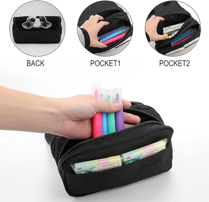 Pet Dog Stickers Large Capacity Pencil Case with Double Zipper - 2 Compartments Stationery Pen Organizer Pouch, Portable Storage Bag for Office Supplies, Travel & Cosmetics