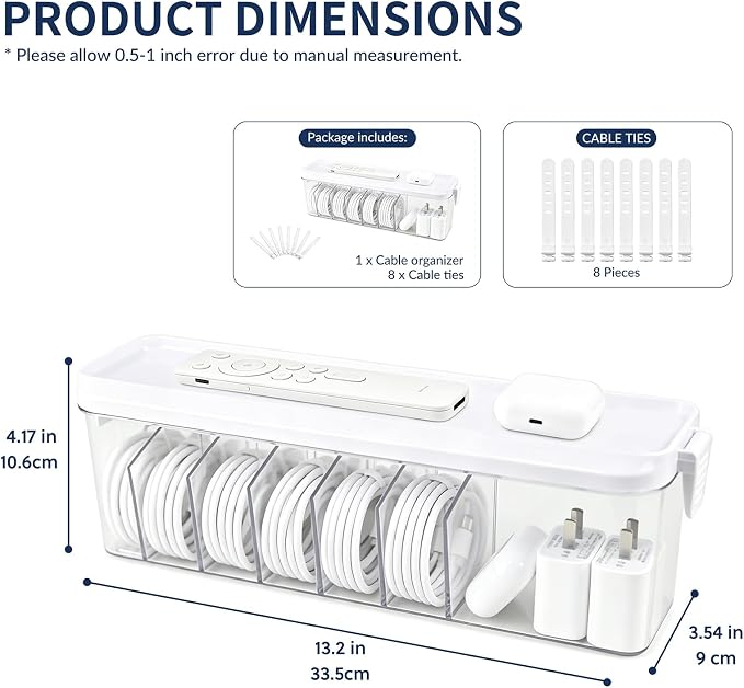 TexHome Clear Cord Storage Organizer Box with Lid, Plastic Charger Cable Organizer with Wire Ties, Electronics Cord Organizer for Drawer, Home & Office Desk