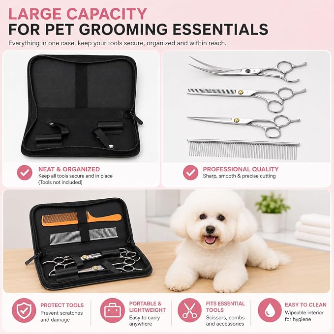 Pet Grooming Scissors Case, Dog Grooming Tool Organizer with Elastic Straps, Portable Storage Holder for Grooming Shears, Combs & Accessories, Case Only (V-010-SC-Pink)
