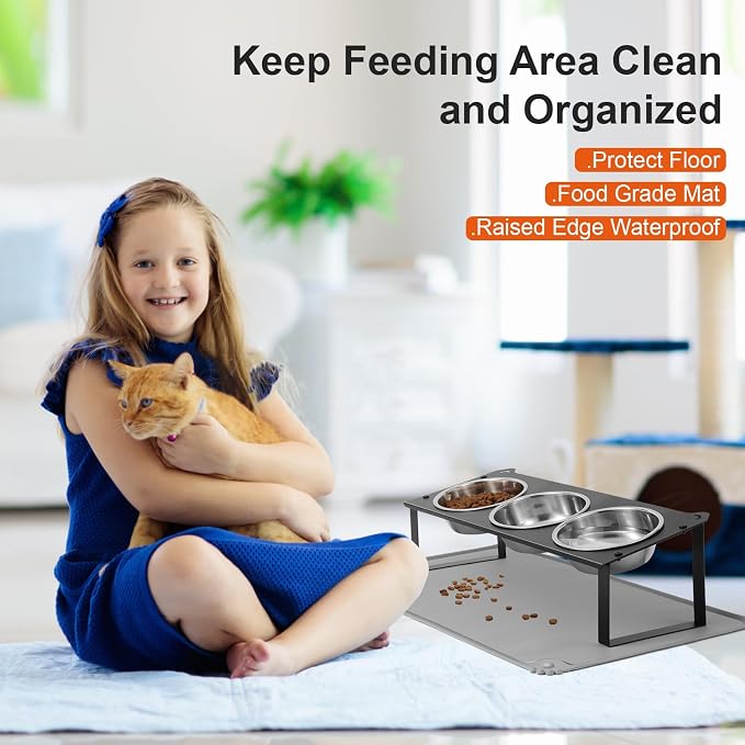 Elevated Cat Bowls with Food Mat, 10°Tilted Non-Slip Raised Cat Food Water Bowls Set, 3 Thick Stainless Steel Pets Dishes with Cute Metal Feeding Stand for Indoor Kitten Puppy, Anti-Vomiting