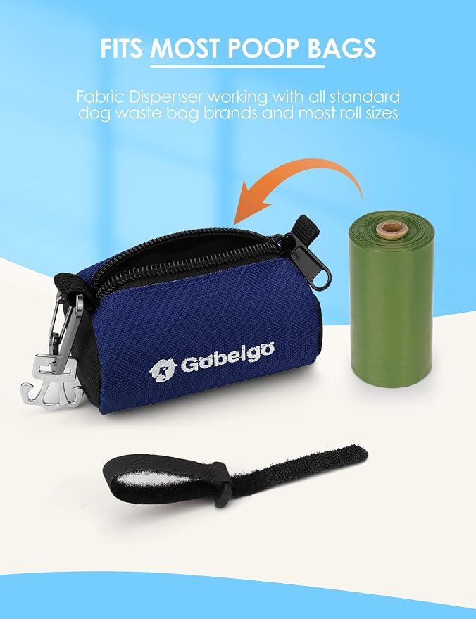 Gobeigo Dog Poop Bag Holder with Used Waste Bag Carrier(Navy Blue) | Large Opening for Easy Dispensing, Carabiner & Hook-and-Loop Strap Fits Any Leash, Includes 15 Unscented Waste Bags