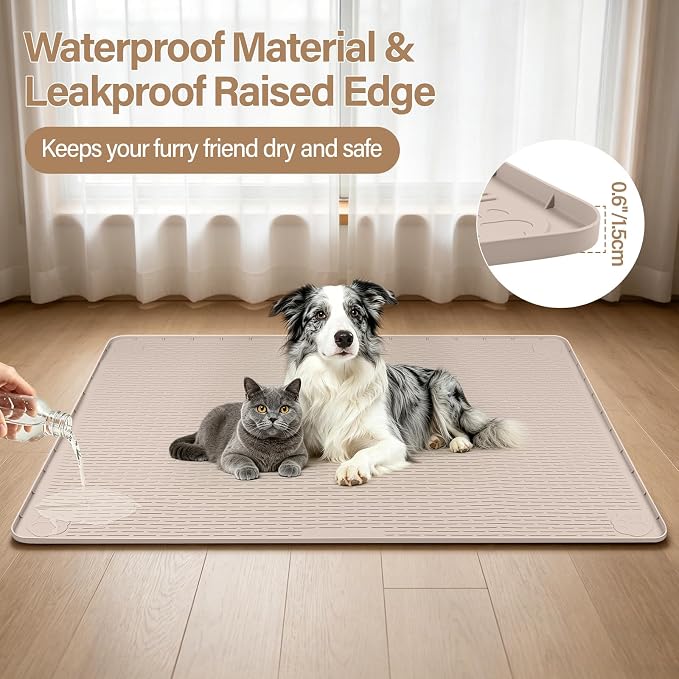 Silicone Cat Bed Mat 40"x28" Pet Crate Mat for Cat Cage, Khaki | Extra Large Cat Sleeping Mat, Non-slip, Washable, Waterproof Pet Bed Mat with Raised Edge, Pet Playpen Mat to Protect Floors