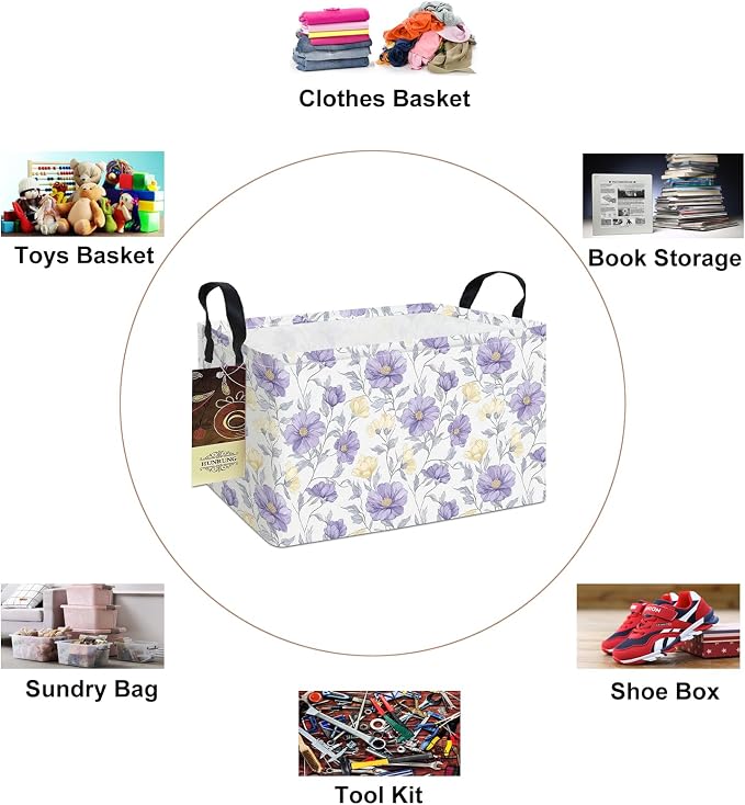 Rectangle Foldable Storage Basket Handles For Home, Purple Flowers | Waterproof canvas material, reinforced handles, perfect for shelf use, organizes clothes, daily items and pet supplies