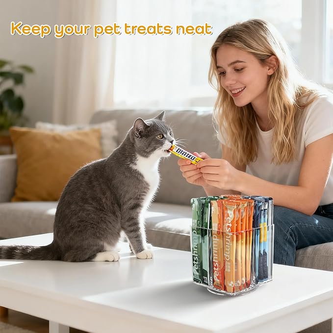 Lickable Cat Treats Organizer, Lazy Susan Acrylic Squeeze Up Cat Treats Storage Organizer with 4 Compartments, Wet Cat Food Storage Container for Kitchen Cabinet Pantry Shelf Countertop（Square）