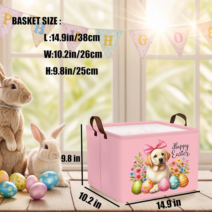 Large Cute Easter Basket for Kid Empty Gift Baby Rectangle Storage Bin Bunny Eggs Boy＆Girl Room Décor (Pink Dog)