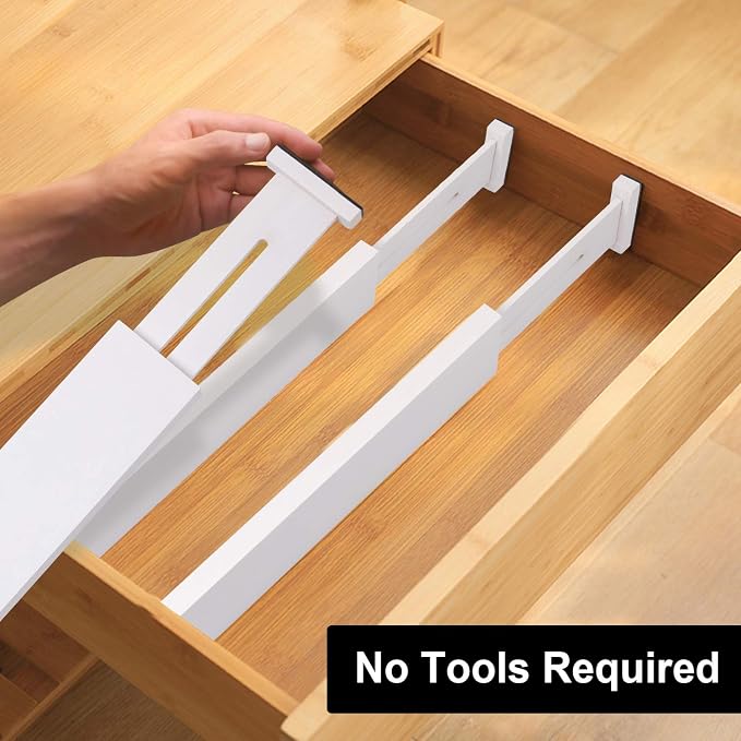 Bamboo Drawer Dividers, Adjustable Drawer Organizers, Fits 12.6–16" Drawers | 2.5" High, 4 Pack Expandable Drawer Separators for Kitchen, Nursery, Dressers & Office Storage, White