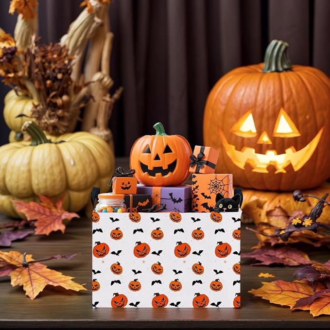 Large Halloween Basket Gift Personality Pumpkin Ghost Parties Decor Kid Trick or Treat Basket for Boys and Girls Rectangular Storage Bin Box (Pumpkin Bat)