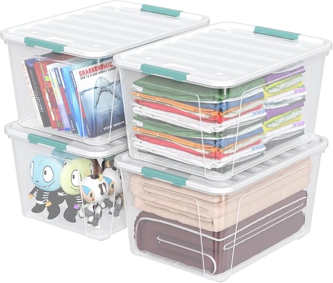 85 Quart Large Plastic Clear Storage Bins with Wheels, 4 Packs | Stackable Large Capacity Plastic Organization Box with Wheels