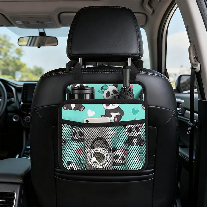Car Backseat Organizer Hanging Storage Pocket Auto Garbage Bag, Panda | Bears, Vehicle Back Seat Pouch PU Leather Travel Essentials Accessories