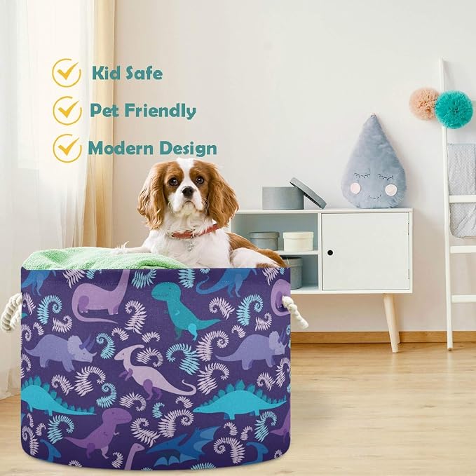 visesunny Blue And Purple Dinosaur Animal Nursery Hamper Basket Clothes Toy Storage Organizer Bin Box Collapsible Laundry Bag for Kid Room,Playroom,Bathroom,Living Room,Dorm