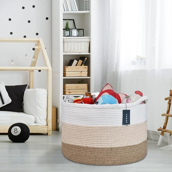 COMSE XXXLarge Woven Blanket & Laundry Basket, 87L, White & Gradient Brown | 21.7" x 13.8", Cotton Rope, Nursery Hamper for Storage of Toys Clothes Towels, Ideal for Living Room Bedroom Bathroom