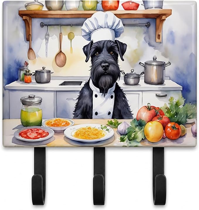 Caroline's Treasures Giant Schnauzer The Chef Leash or Key Holder Wall Hooks, Key Hooks Holder, Coat Rack Wall Mount, Coat Hooks, Hooks for Hanging Keys, Towels, Aprons, Leashes | Giant Schnauzer The Chef artwork on ceramic tile with three steel hooks ...