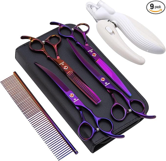 8.0 in 9CR Titanium Professional dog grooming scissors set,Grooming Scissors for Dogs Cats,Pet nail clippers,Shears, Straight,Curved,Thinning Shears,Comb for Full Body,Face, Nose,Ear,Paw