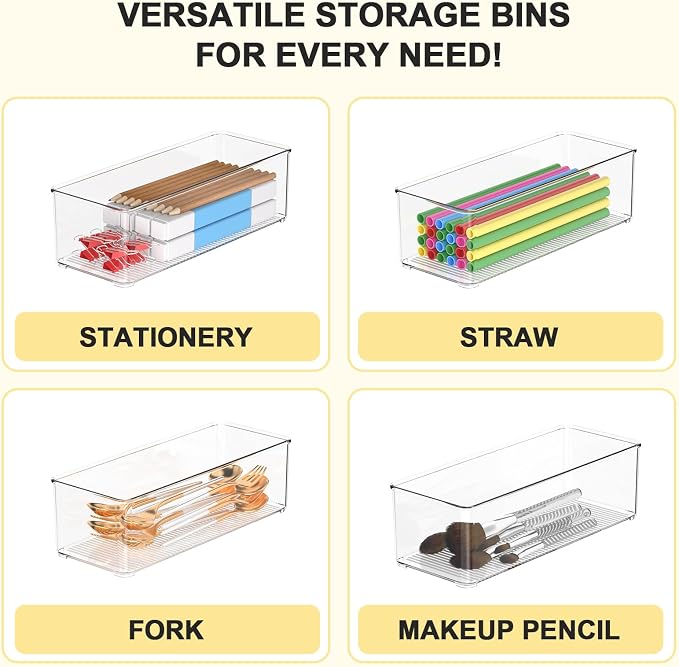 Set of 6 Pantry Organizers and Storage, Clear Plastic Bins(4L+2S) | BPA-free PETG storage containers with handles, Ideal for kitchen, fridge, bathroom, cabinet, office, and garage organization