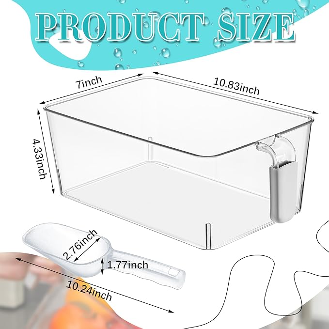 Havawish Ice Storage Bin and Flexible Scoop Set Plastic Freezer Bin | Freezer Ice Bin Scoop, Clear Bucket Container, Pull Handle, Flexible Storage, 10.83 X 7 X 4.33 in