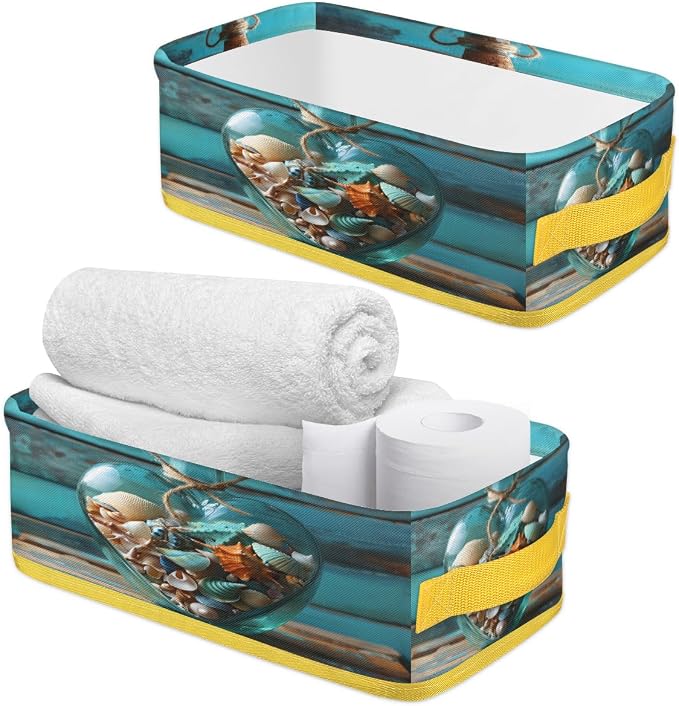 Love Wish Bottle Wooden Board Bathroom Storage Basket, Foldable with Handle Open Countertop Paper Towel Decorative Box, Toilet Tank Top Shelf Baskets for Home Closet Bedroom Living Room Office