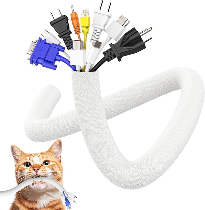 UOMTFAI Cord Protector from Pets No Chew 1” 10ft Cable Sleeve White | Wire Protector, Cord Sleeve, Cord Management for HDMI, Charging Cable, USB