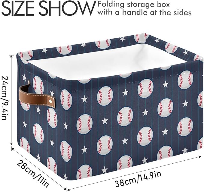 Rectangular Storage Bin Baseball Blue Print Storage Baskets with Handles Toy Bins Shelf Basket for Nursery Room Kids Toy Pets Closet