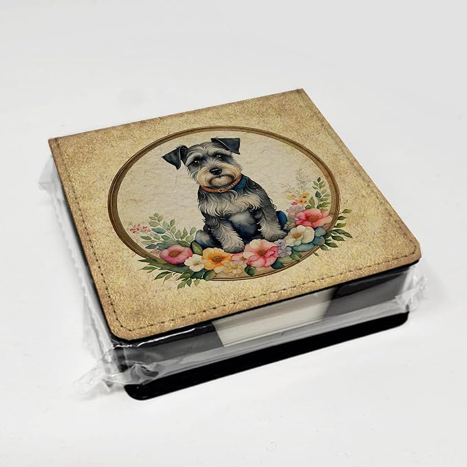 Caroline's Treasures Schnauzer and Flowers PU Leather Note Paper Holder with Artist-Designed Cover, Desk Accessory, Office Gift
