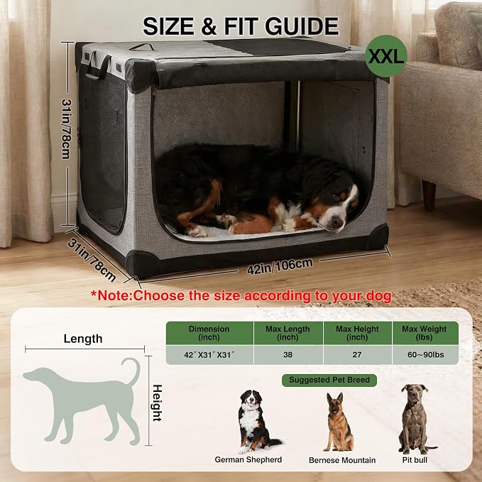 42 x 31 x 31 Inch Collapsible Soft Dog Crate for Dogs Up to 90 lbs, Portable Travel Pet Kennel with 4 Zip Doors, Foldable Indoor Outdoor Crate with Mat, Carry Bag, Grey