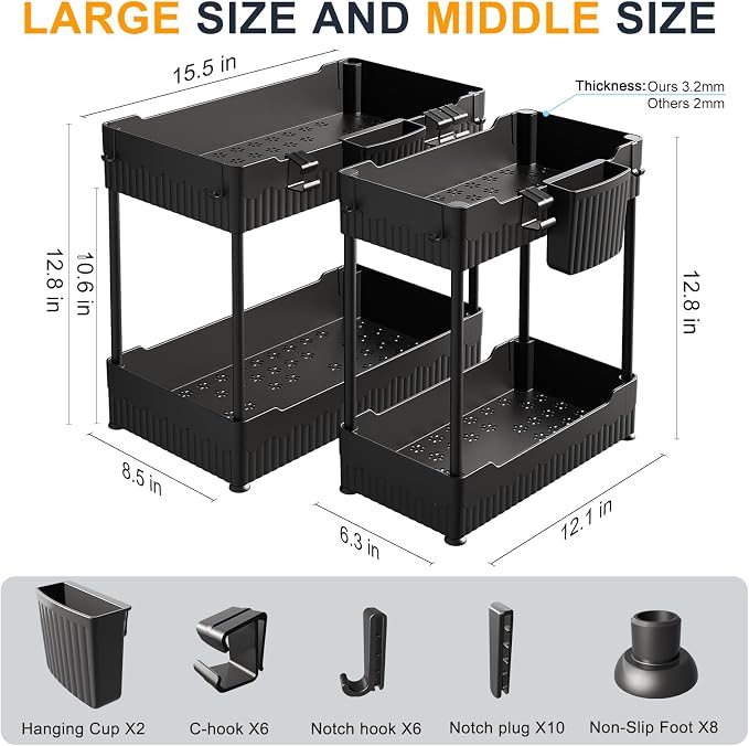 2-Pack Under Sink Organizer with Hooks & Hanging Cup for Kitchen | Multi-use kitchen & bathroom storage, 12.8 inch black cabinet organizer, with hooks and hanging cup for easy access.