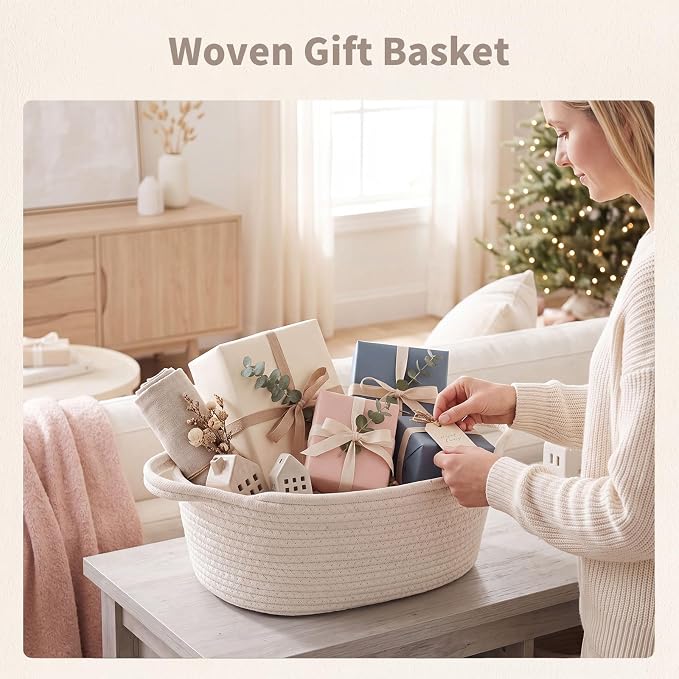 Woven Basket 13" x 8" x 5.5" Rope Gift Baskets Empty with Handles | Soft Woven Cotton Rope for Baby Shower Birthday Toys Organizer Shelves Closets Nursery Back to School Halloween Gifts
