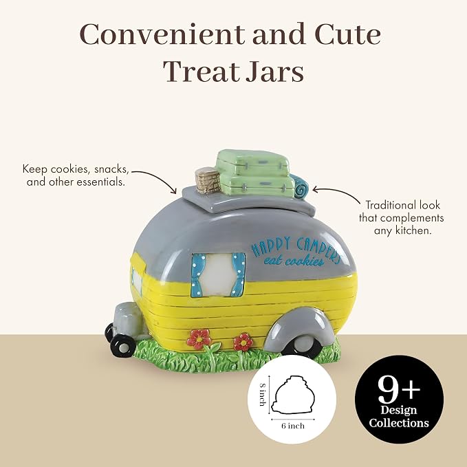 Young's Inc Ceramic Happy Campers Cookie Jar for Kitchen Counter, RV, Camper & Cabin Decor, Rustic Woodland Cookie Storage Container with Lid, 9.5 x 5.75 x 7.5 Inch