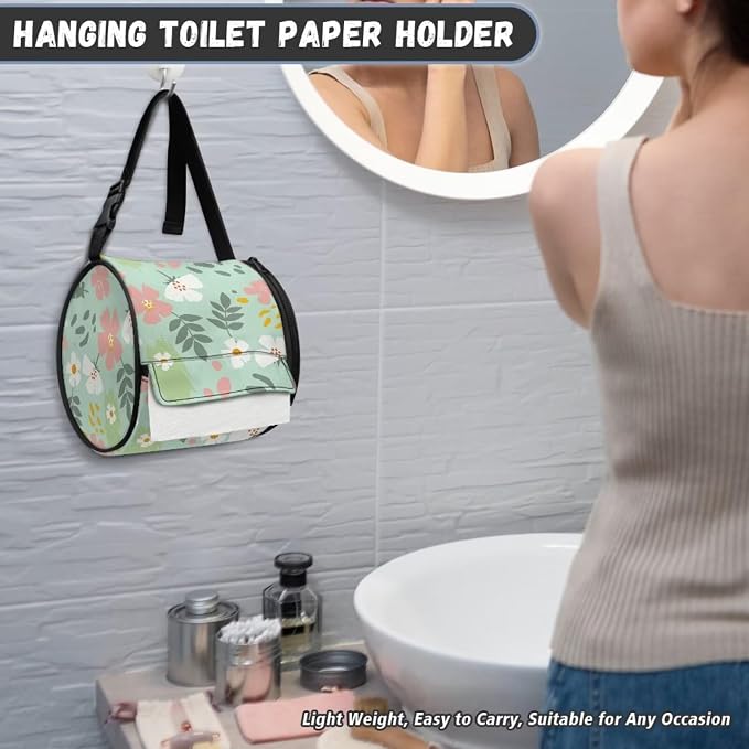 Green Leaf Floral Paper Towel Holder Water Resistant Tissue Dispenser with Adjustable Strap, Collapsible Zippered Cylinder Hanging Toilet Paper Roll Holder