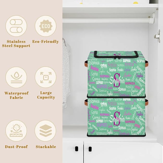 Personalized Storage Basket with Name, Mint Green Background Rectangle Toys Storage Bin with Handles Zipper Lid for Baby, Boys, Girls, Collapsible Basket for Clothes, Books
