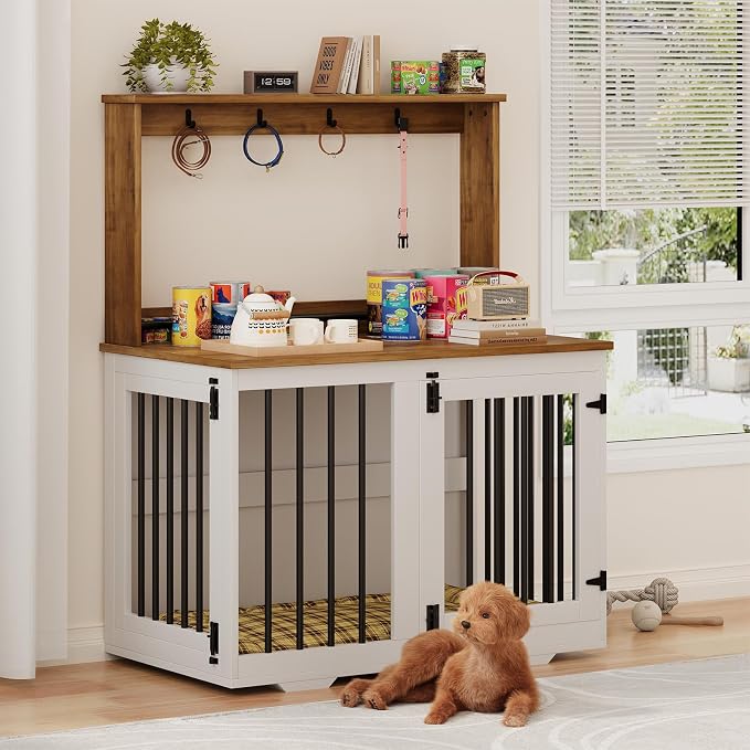 31'' Wooden Dog Crate Furniture with Storage Shelf & 4 Hooks - Heavy Duty Dog Kennel for Small/Medium Dogs, Indoor Pet Cabinet, Side Table, White