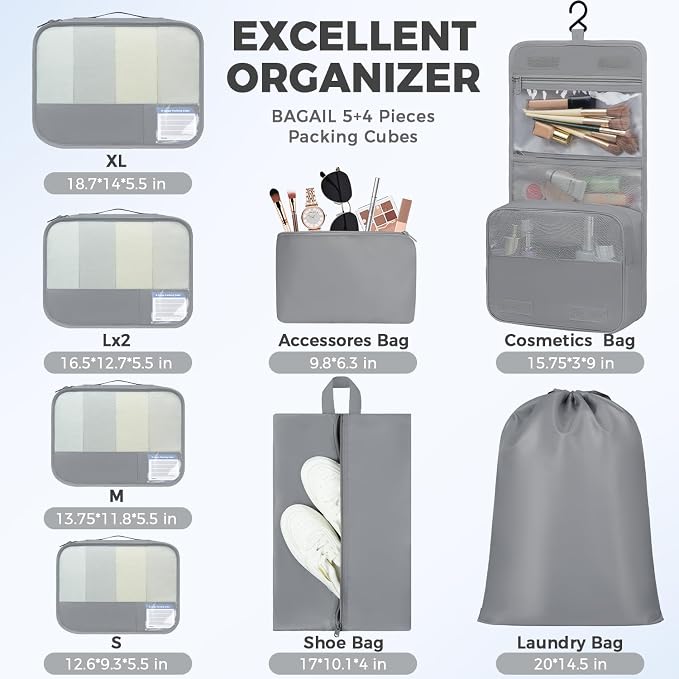 BAGAIL 9 Set Packing Cubes with Packing List Luggage Packing Organizers for Travel Accessories (Pewter Color)