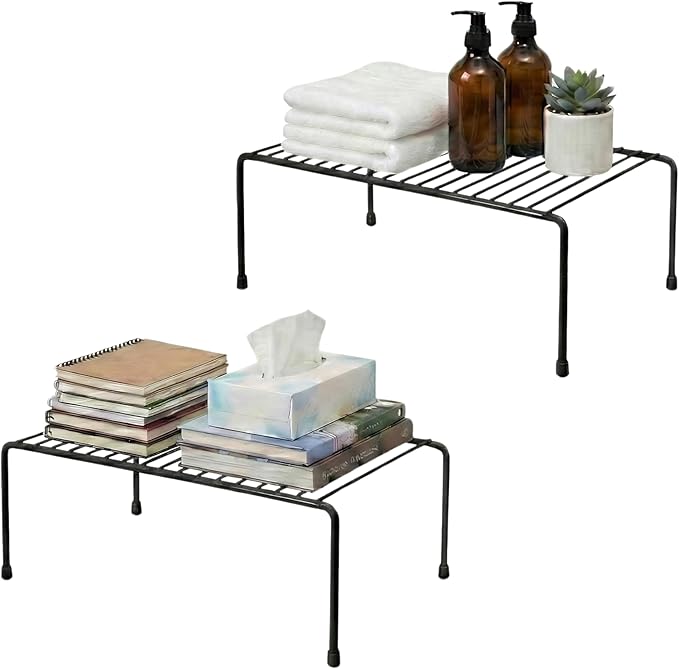 Evelots Wire Shelf Organizer Set, Metal Cabinet Shelf Risers, 2-Pack, Black | 2-Pack rustproof metal wire shelf organizers create extra storage space in kitchen cabinets, pantries, freezers and bathrooms