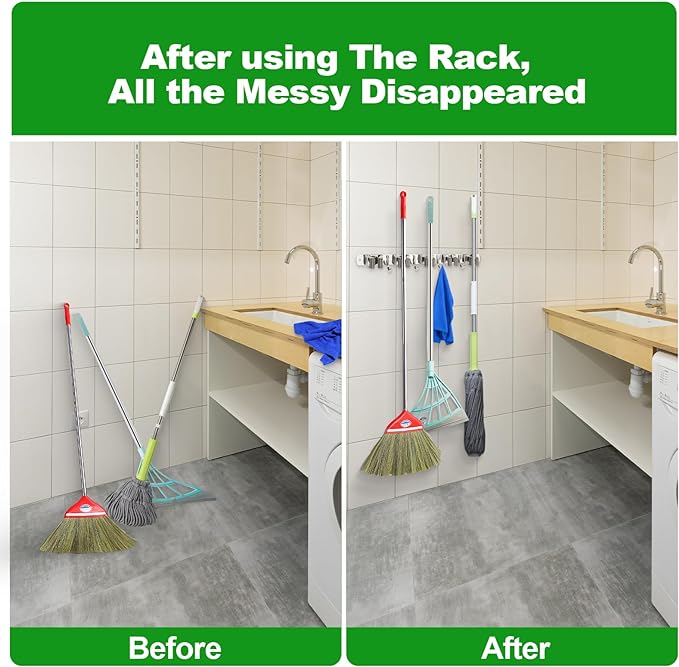 voze 3 Racks and 4 Hooks Mop and Broom Holder Wall Mount, Self Adhesive Heavy Duty Broom Organizer Storage Tool Racks for Kitchen Garden Laundry Garage