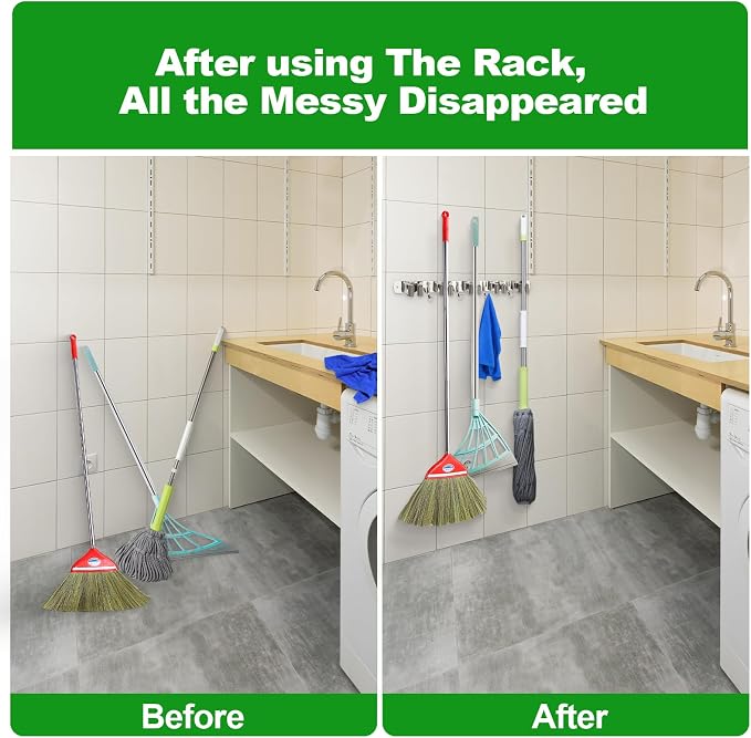 voze [2 Pack] 5 Racks and 4 Hooks Mop and Broom Holder Wall Mount, Self Adhesive Heavy Duty Broom Organizer Storage Tool Racks for Kitchen Garden Laundry Garage, 304 Stainless Steel, Silver