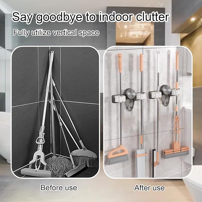 Broom Hanger Organizer, 2025 Upgrade Broom Holder Mop Hanger, No Punching Required Wall Mount Broom and Mop Holder for Laundry Room and Bathroom Kitchen Garage - 3pcs (White)