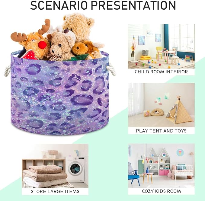 DOMIKING Large Storage Basket for Toys Glitter Leopard Purple Storage Bin Box Kids Laundry Hamper for Nursery Laundry Hamper Books Home Decor